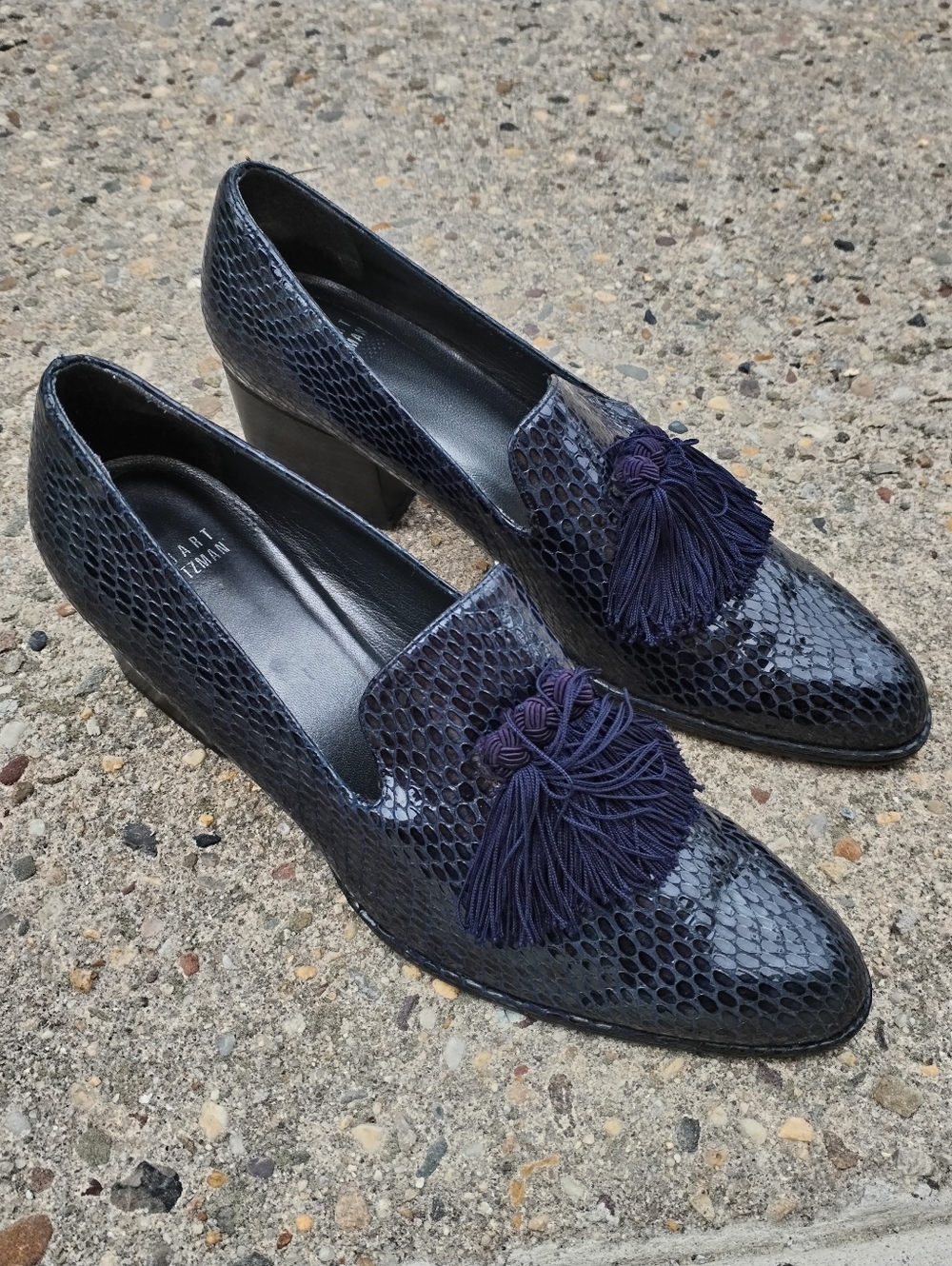 Stuart Weitzman Shiny Blue Loafers with Tassels